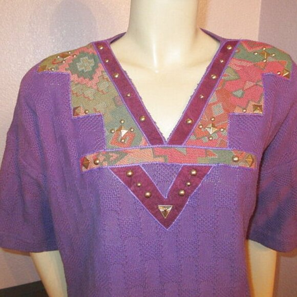 Vtg Y2K Purple Tunic Top Size XL Embroidered Studs V-Neck Tapestry Artsy Boho - Picture 2 of 8